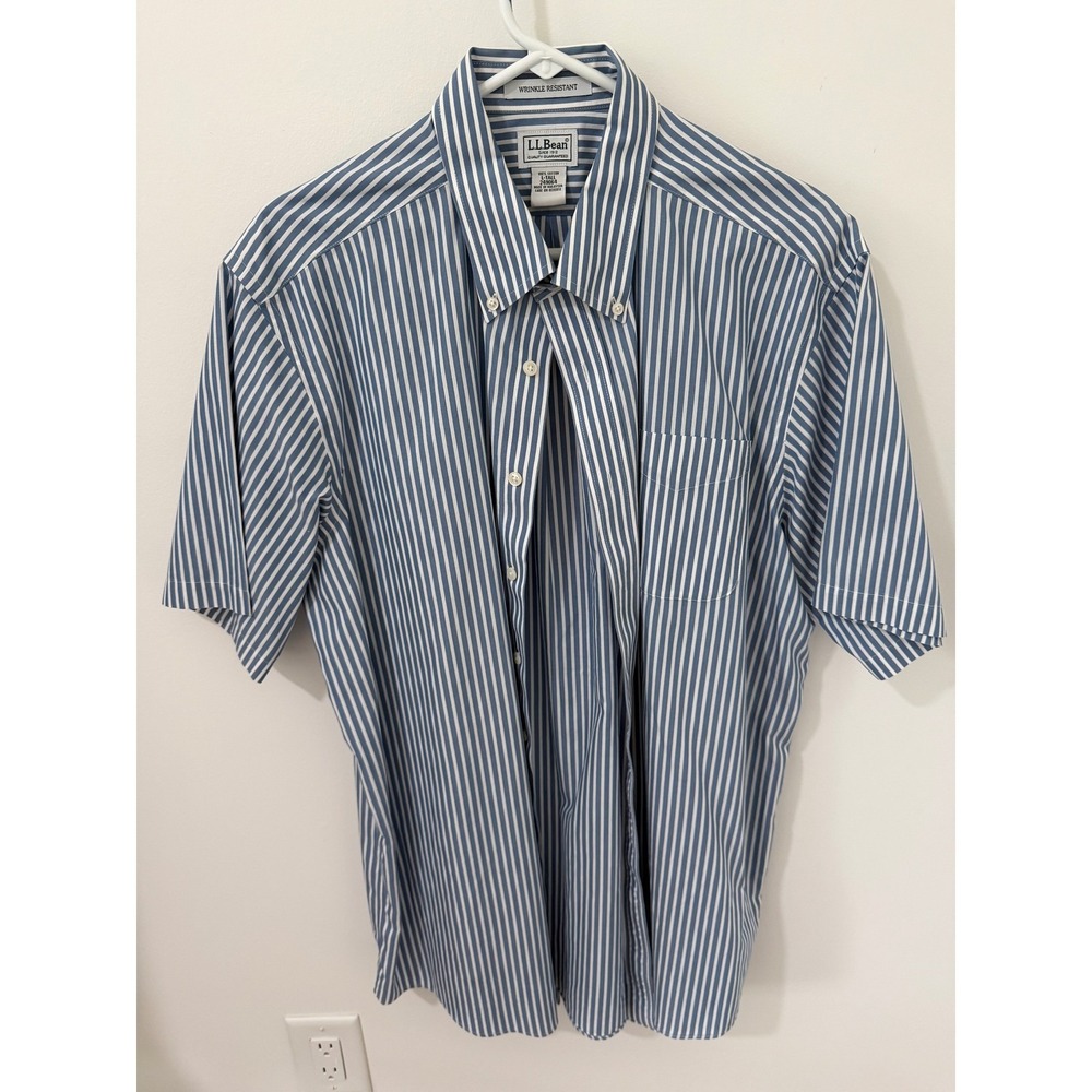 L.L.Bean Button-Down Shirt Mens Large Tall Blue White Striped Short Sleeve Good